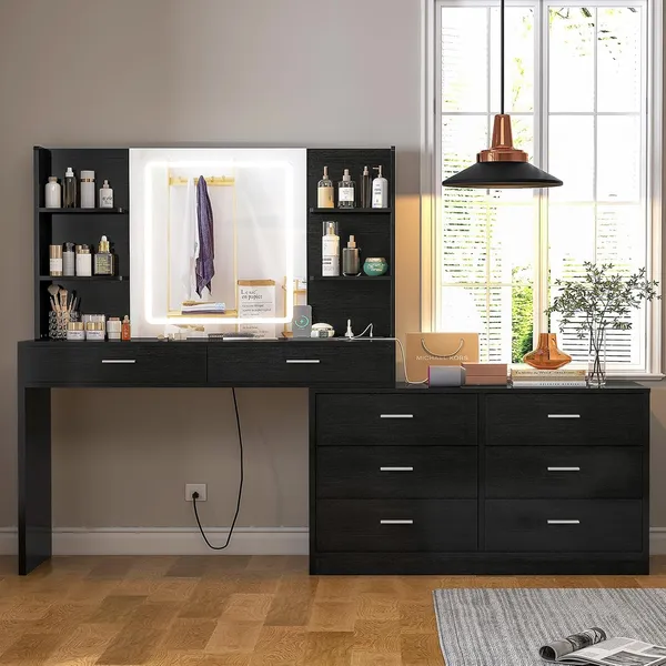 FIONESO 64.9″ Makeup Vanity, 8 Drawers — Black