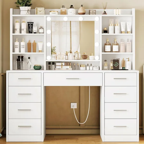 FIONESO 42.1″ Makeup Vanity, 9 Drawers — White