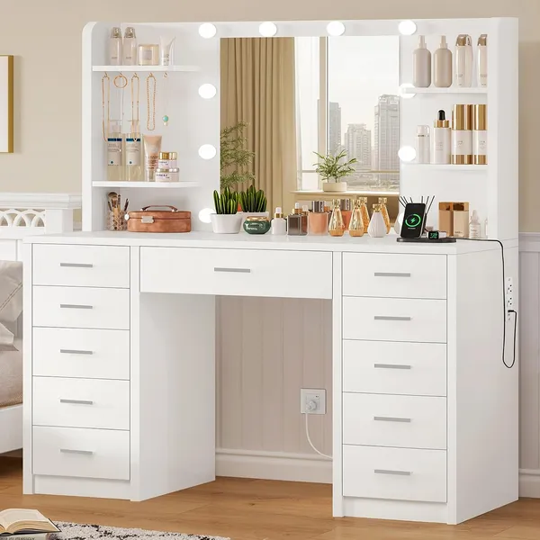 FIONESO 42.1″ Makeup Vanity, 11 Drawers — White