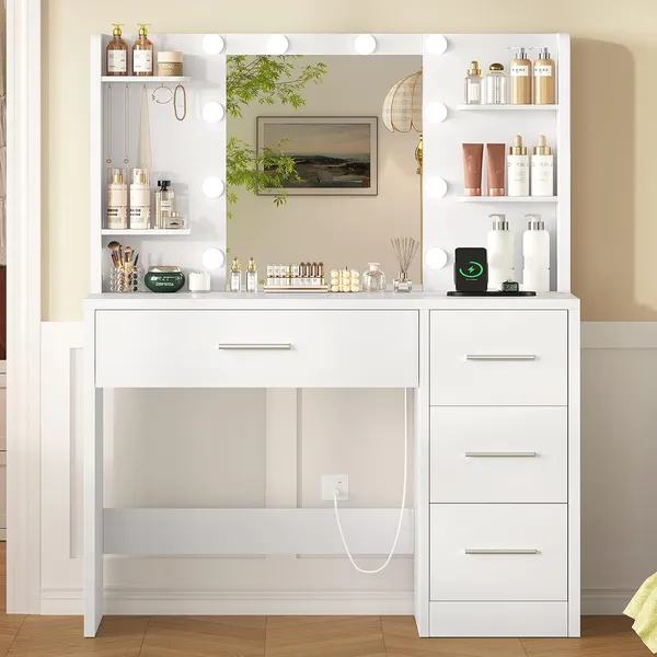 FIONESO 33.4″ Makeup Vanity, 4 Drawers — White