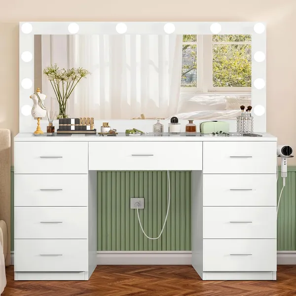 FIONESO 44.1″ Makeup Vanity, 9 Drawers — White