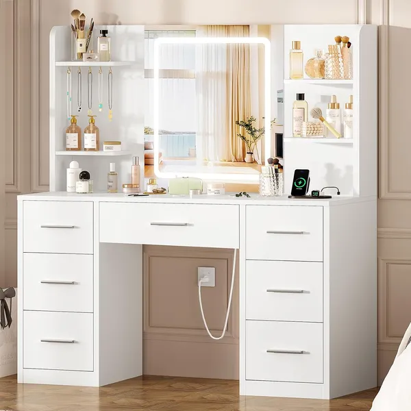 FIONESO 42.1″ Makeup Vanity, 7 Drawers — White