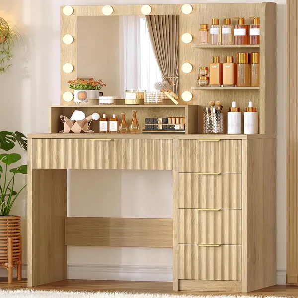 FIONESO 35.4″ Makeup Vanity, 5 Drawers — Natural wood