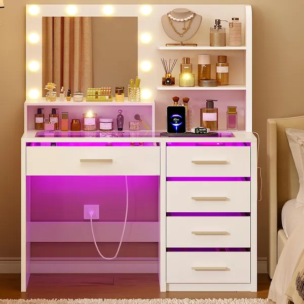 FIONESO 35.4″ Makeup Vanity, 5 Drawers — White