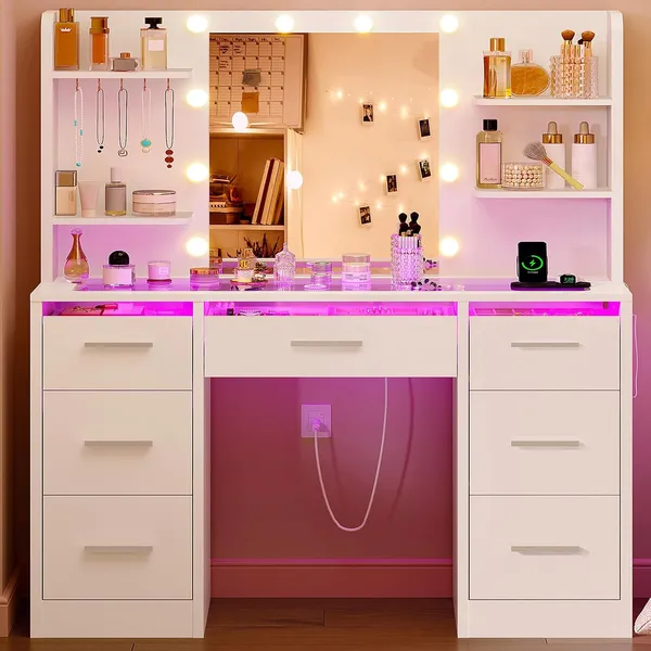 FIONESO 42.1″ Makeup Vanity, 7 Drawers — White