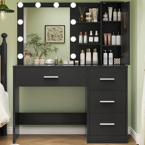 FIONESO 35.4″ Makeup Vanity, 4 Drawers — Black