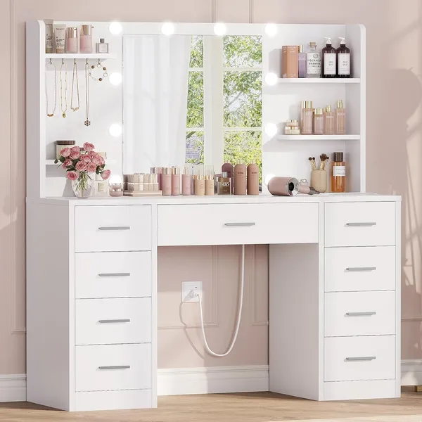 FIONESO 39.4″ Makeup Vanity, 9 Drawers — White
