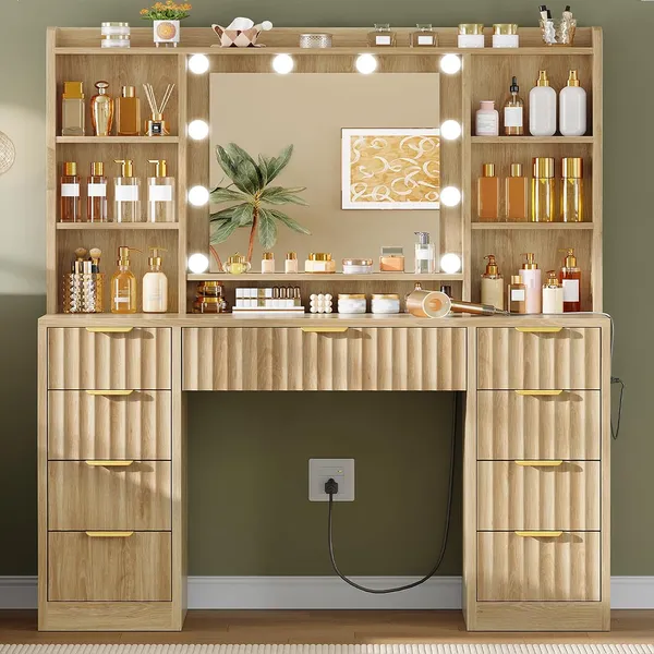 FIONESO 42.1″ Makeup Vanity, 9 Drawers — Natural wood