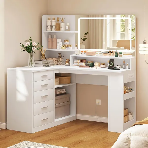 FIONESO 43.3″ Makeup Vanity, 5 Drawers — White