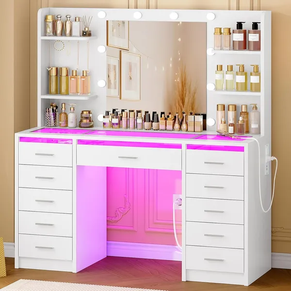 FIONESO 42.1″ Makeup Vanity, 11 Drawers — White
