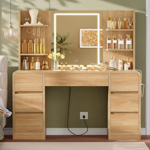 FIONESO 42.1″ Makeup Vanity, 7 Drawers — Natural wood
