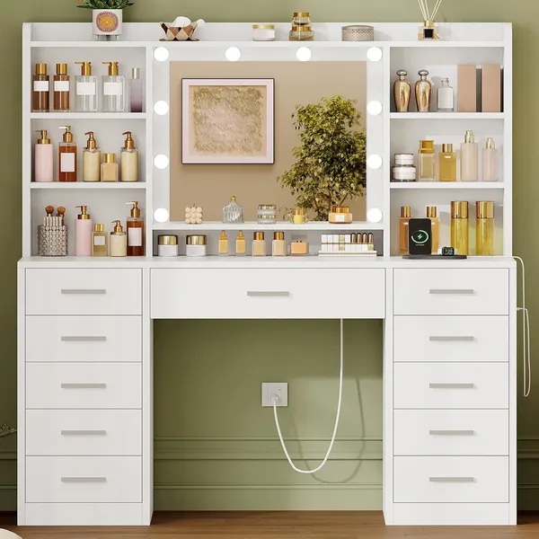 FIONESO 42.1″ Makeup Vanity, 11 Drawers — White